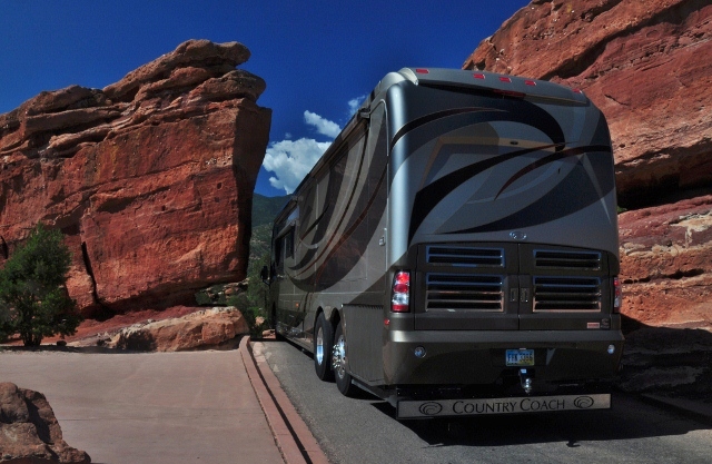 motorhome driving through rock formations